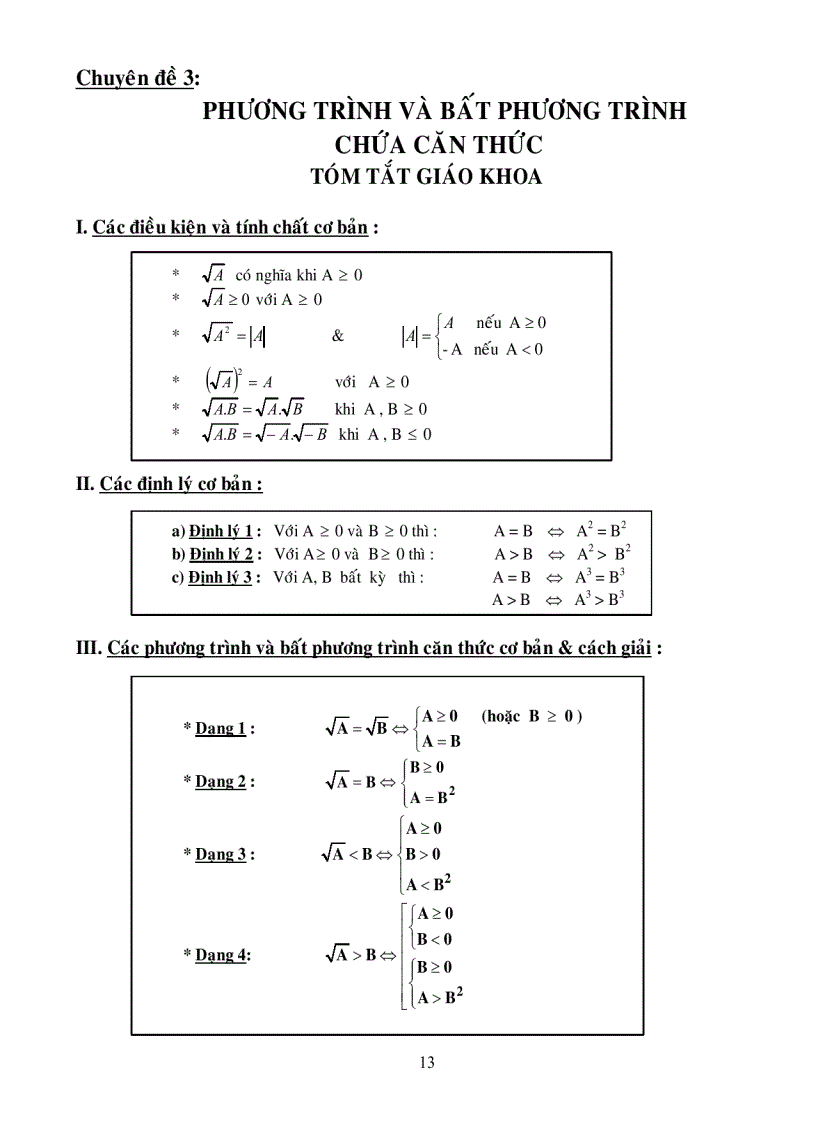 Chuyên đề 3 PHƯƠNG TRÌNH VÀ BẤT PHƯƠNG TRÌNH CHỨA CĂN THỨC