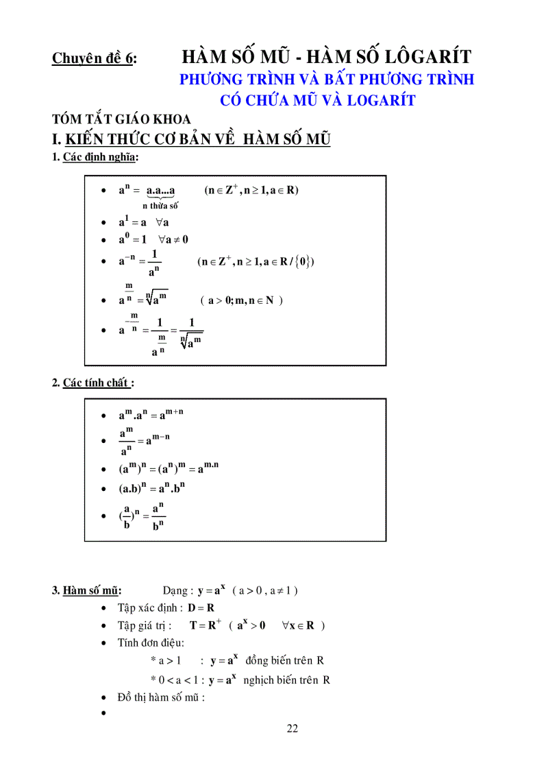 Chuyên đề 6 HÀM SỐ MŨ HÀM SỐ LÔGARÍT PHƯƠNG TRÌNH VÀ BẤT PHƯƠNG TRÌN CÓ CHỨA MŨ VÀ LOGARÍT