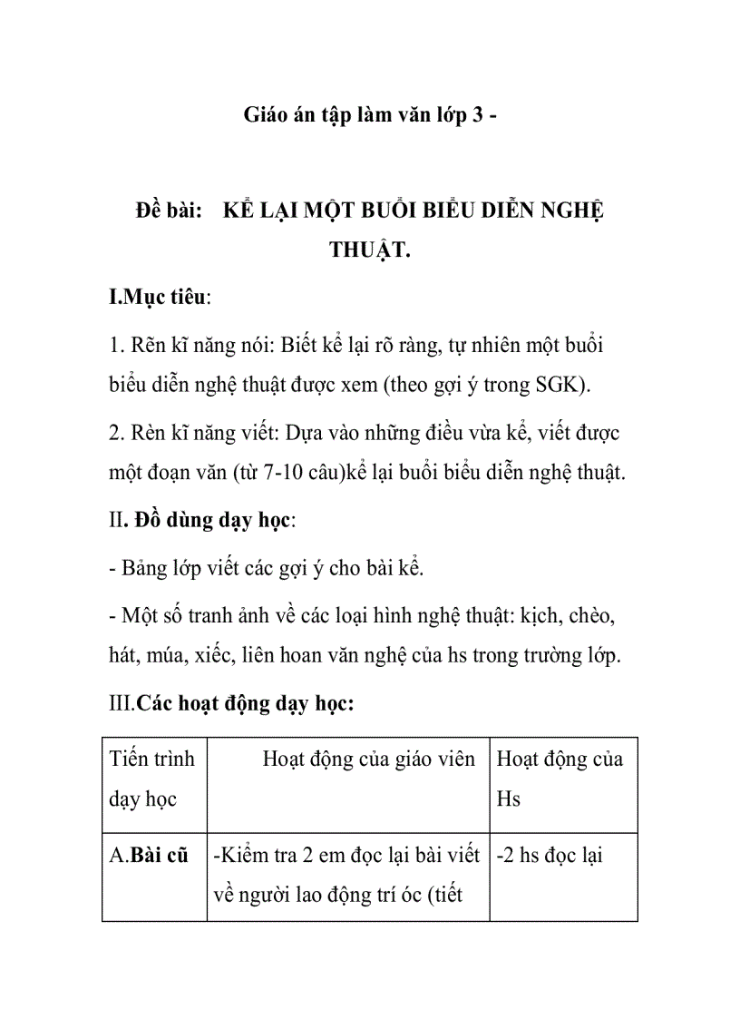 Giáo án tập làm văn lớp 3 Đề bài KỂ LẠI MỘT BUỔI BIỂU DIỄN NGHỆ THUẬT