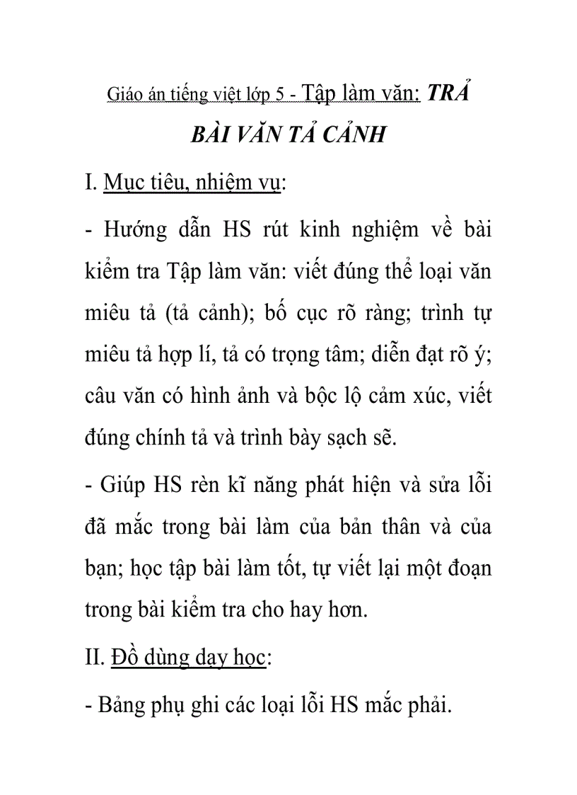 image for page Giáo án tiếng việt lớp 5 Tập làm văn TRẢ BÀI VĂN TẢ CẢNH