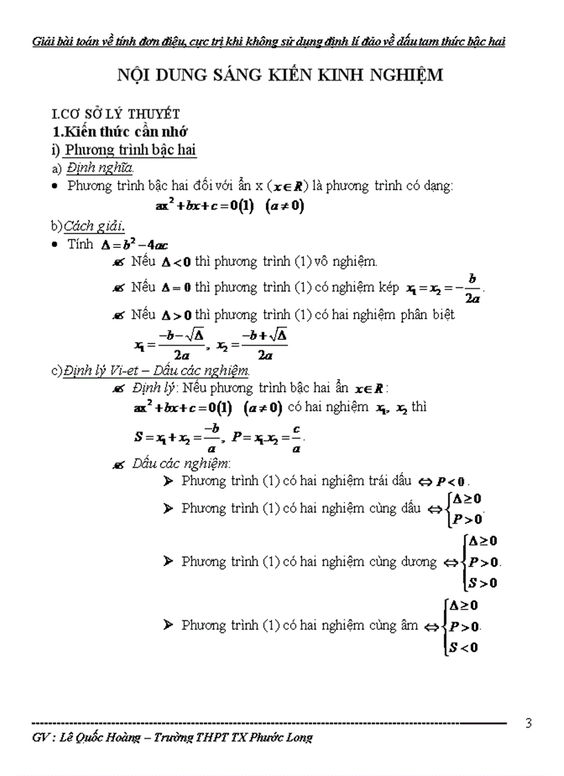 Giải bài các toán về tính đơn điệu cực trị của hàm số khi không sử dụng định lí đảo dấu tam thức bậc hai