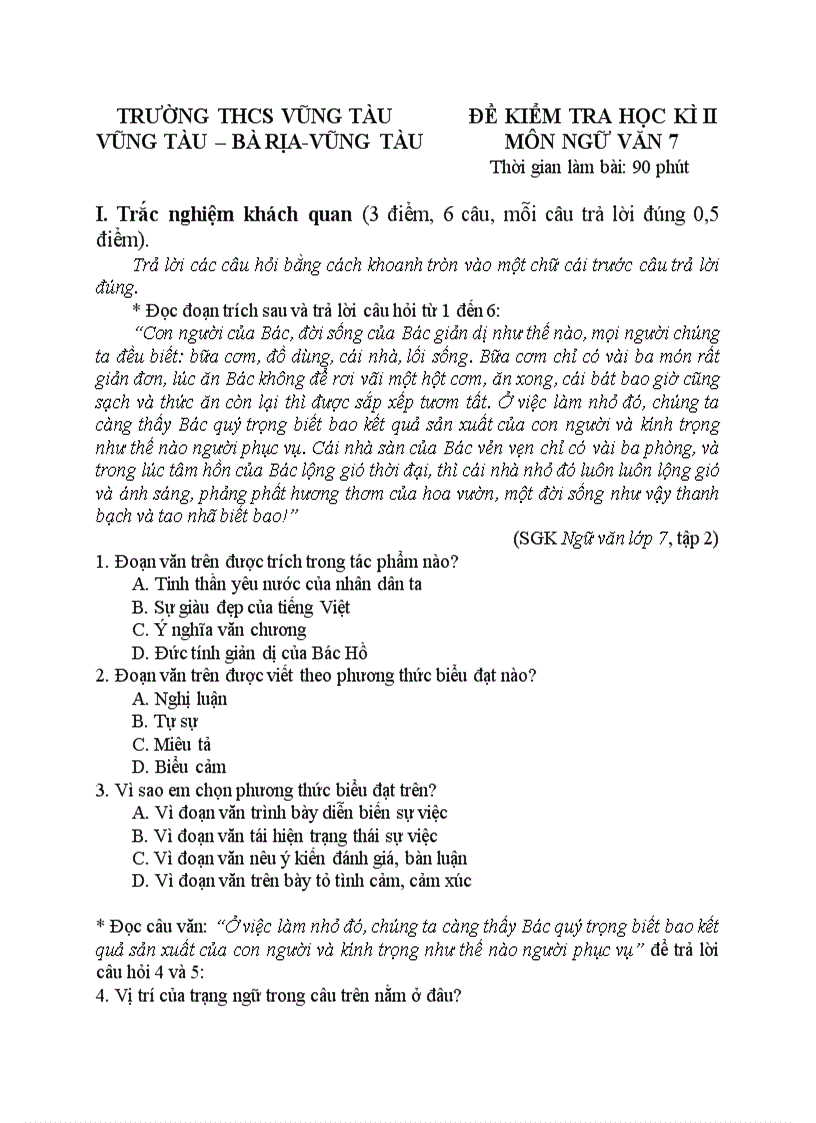 image for page Đề kiểm tra Ngữ văn 7 HKII thcs vũng tàu