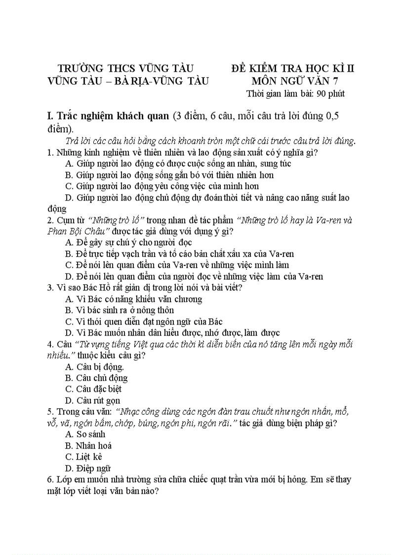 image for page Đề kiểm tra Ngữ văn 7 HKII thcs vũng tàu