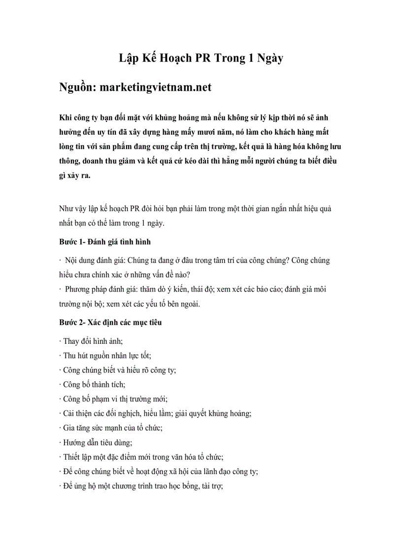 image for page Lập Kế Hoạch PR Trong 1 Ngày