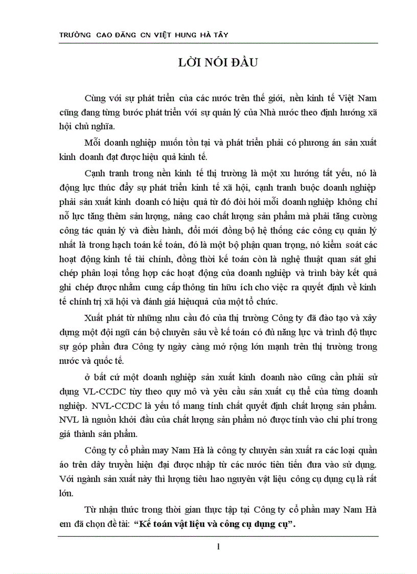 image for page Kế toán vật liệu và công cụ dụng cụ tại Công ty cổ phần may Nam Hà