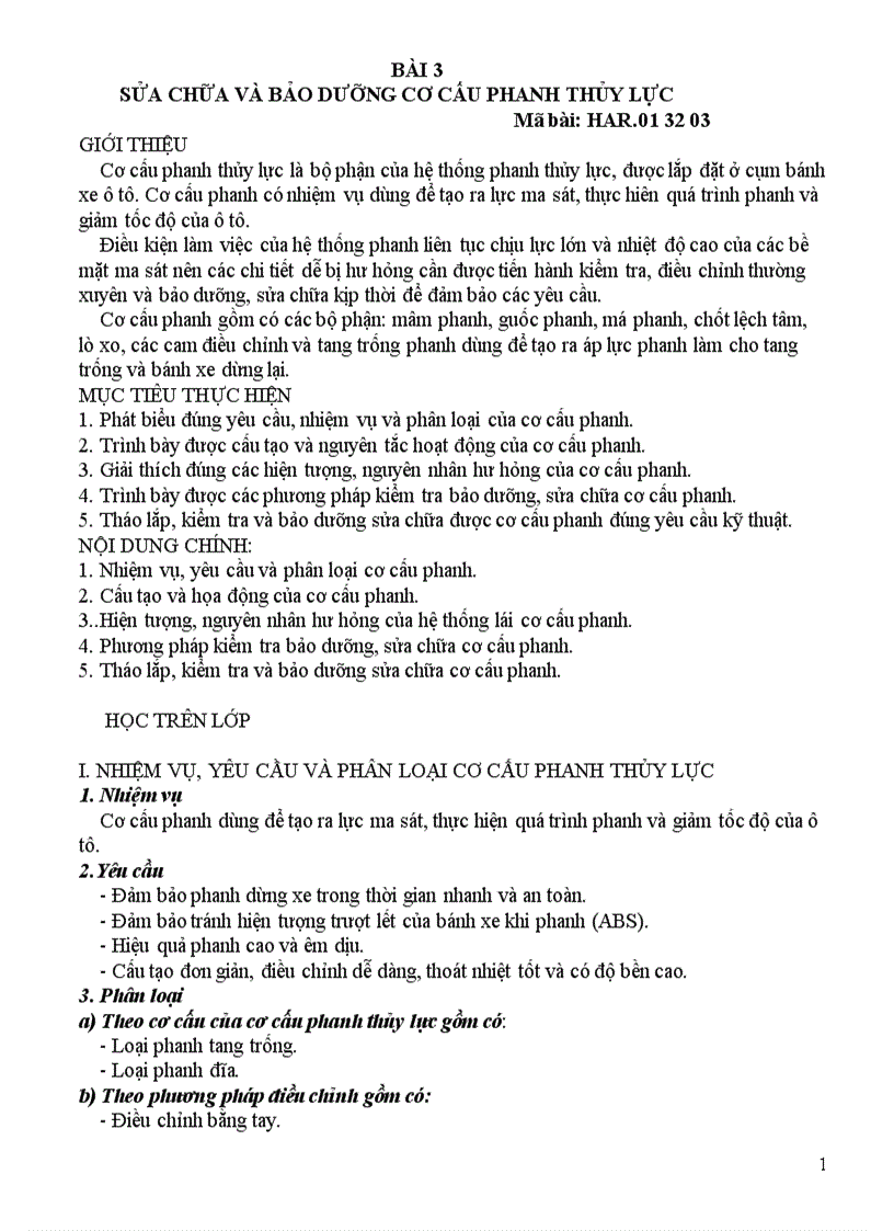 image for page Sửa chữa và bảo dưỡng cơ cấu phanh thủy lực