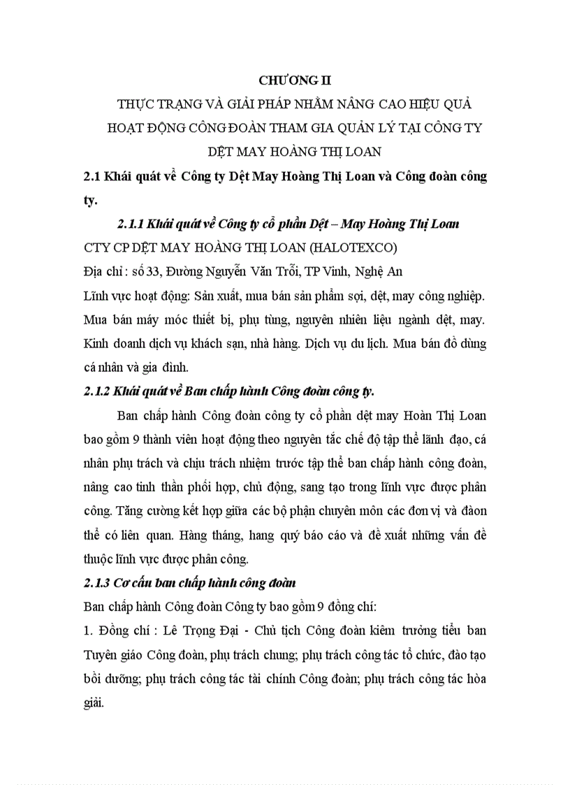 image for page Công đoàn và hoạt động tham gia quản lý doanh nghiệp của Công đoàn công ty cổ phần dệt may Hoàng Thị Loan năm 2009