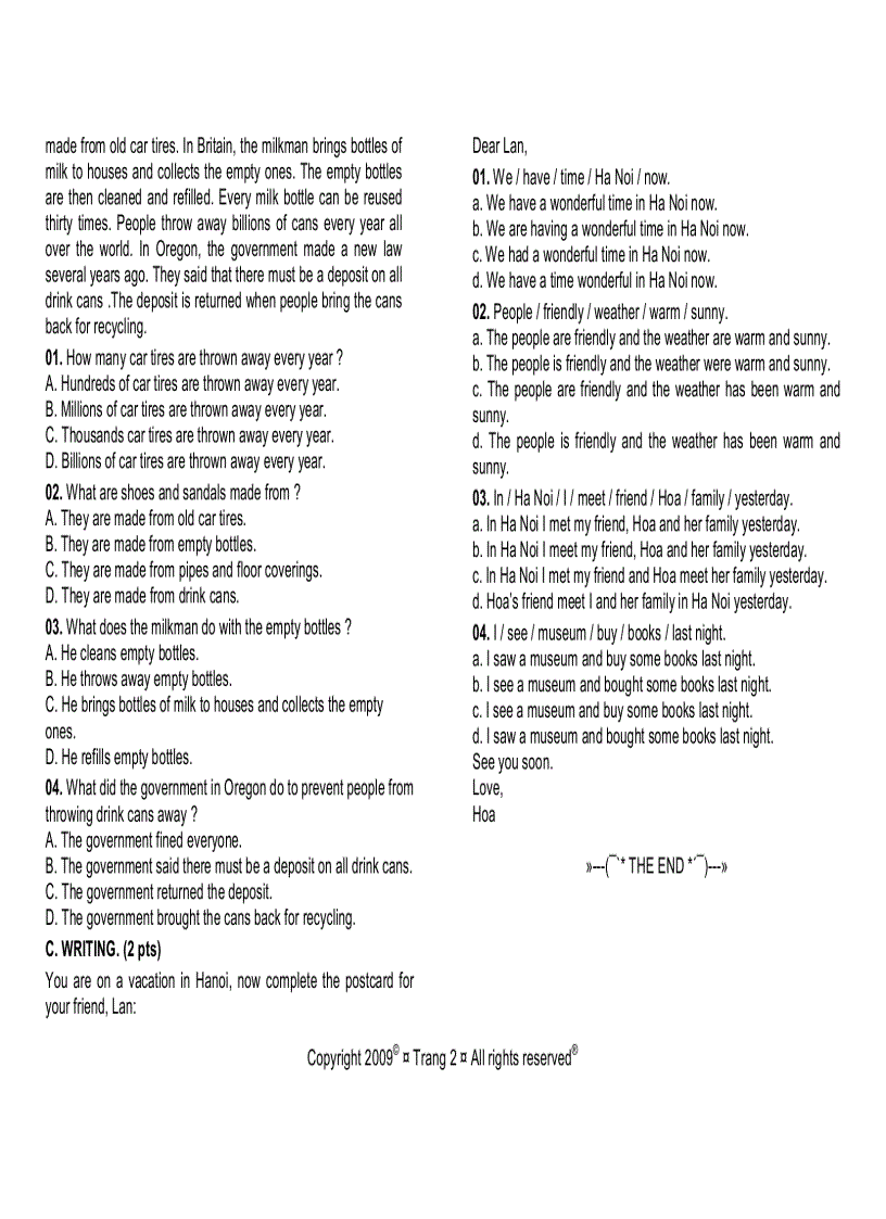 image for page Đề Thi Học Kỳ II English 8 Phòng GD ĐT Hoài Nhơn 08 09