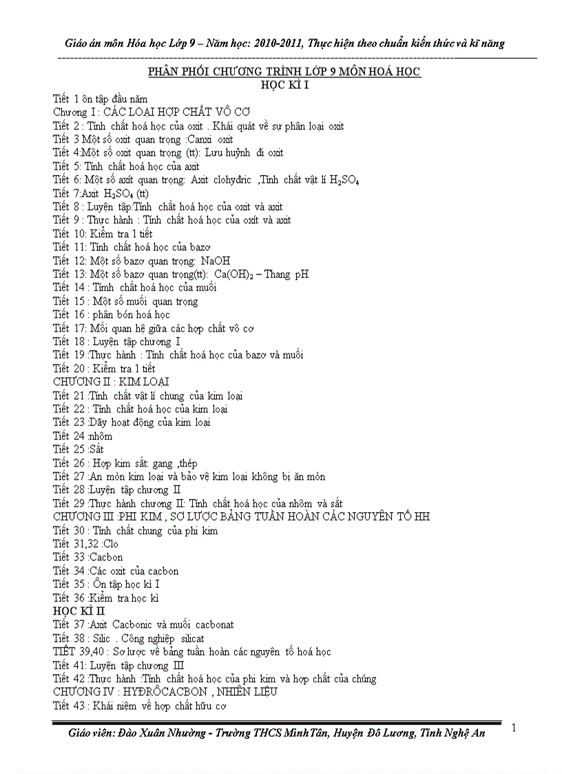 Giáo án môn Hóa học Lớp 9 Năm học 2010 2011 Thực hiện theo chuẩn kiến thức và kĩ năng