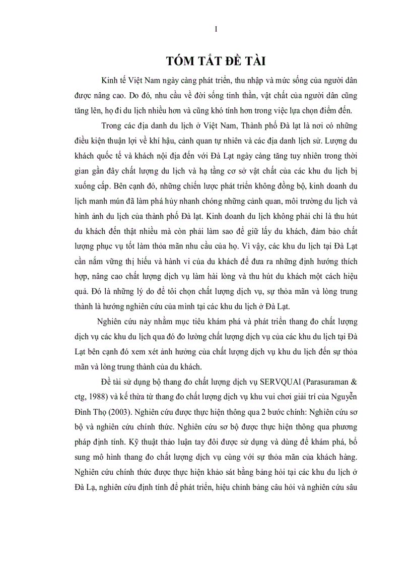 image for page Chất Lượng dịch vụ sự thỏa mãn lòng trung thành trường hợp các khu du lịch tại TP Đà Lạt