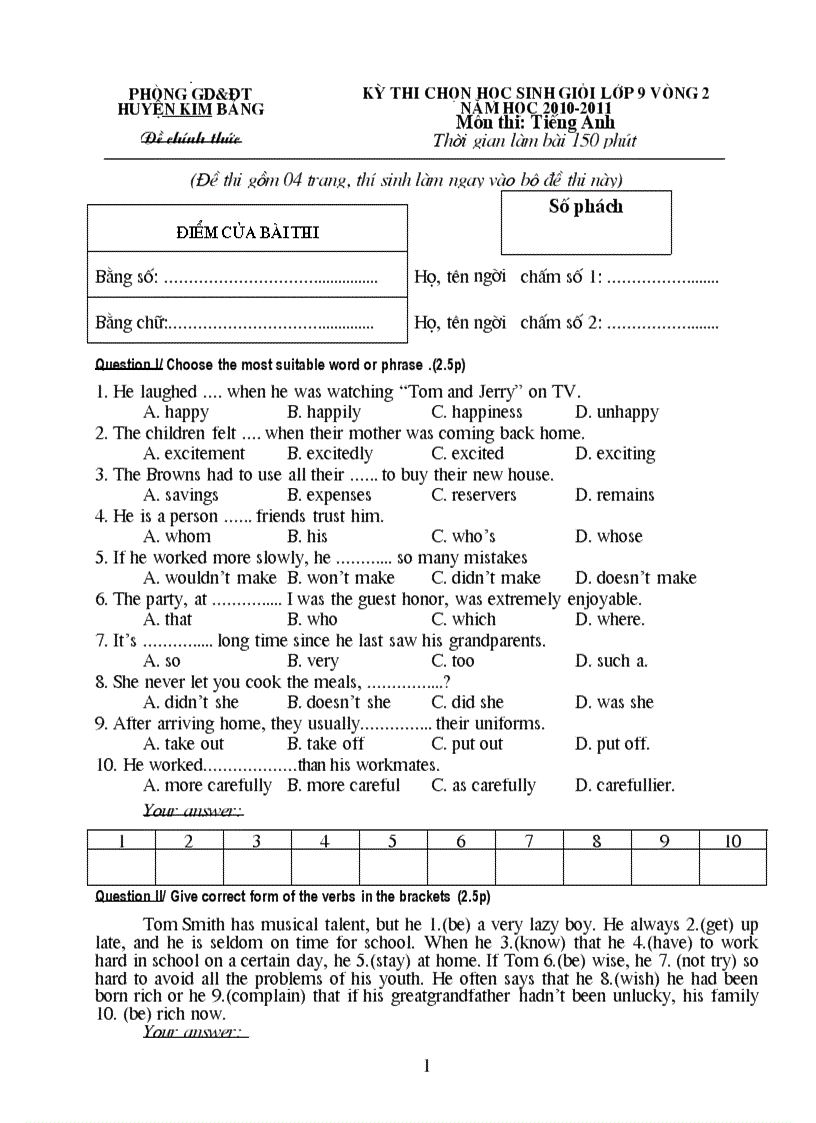 image for page Đề thi chọn học sinh giỏi tiếng Anh 9 năm học 2010 2011