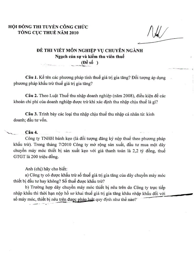 image for page Đề thi môn nghiệp vụ chuyên ngành Ngạch cán sự và kiểm thu viên thuế