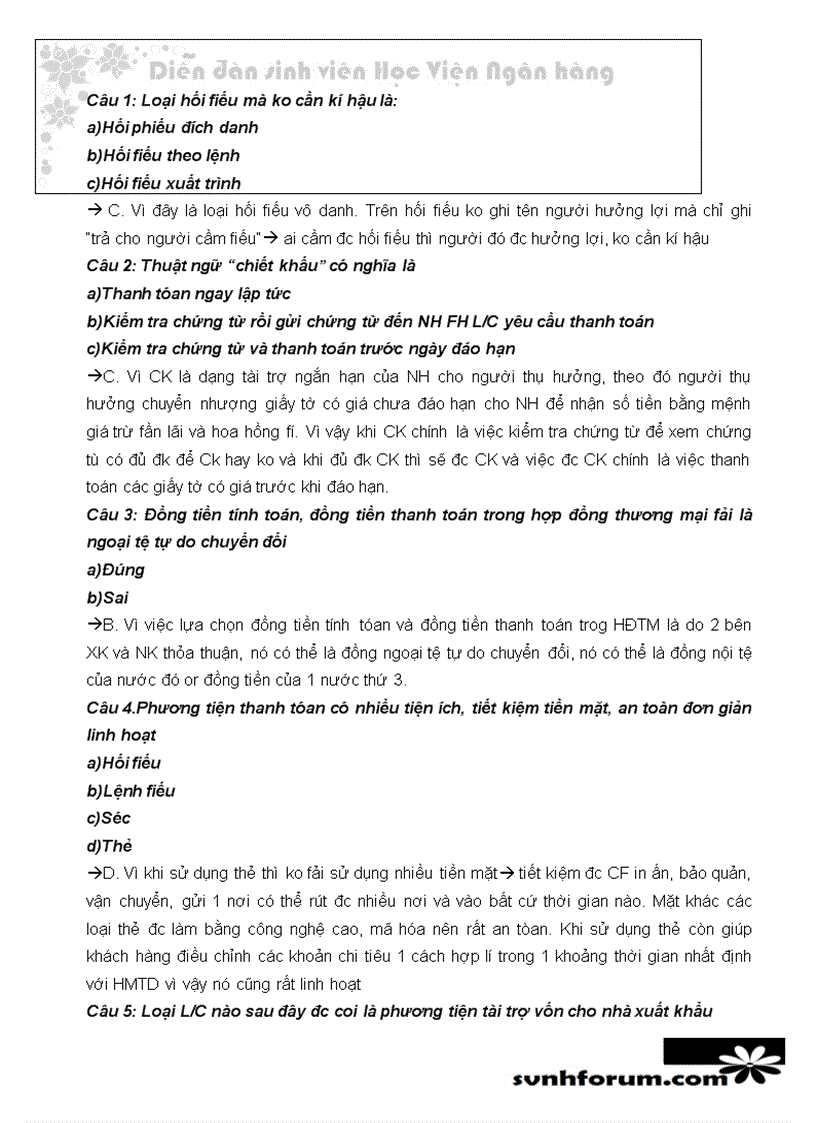 image for page Trắc nghiệm thanh toán quốc tế chọn a b c có giải thích