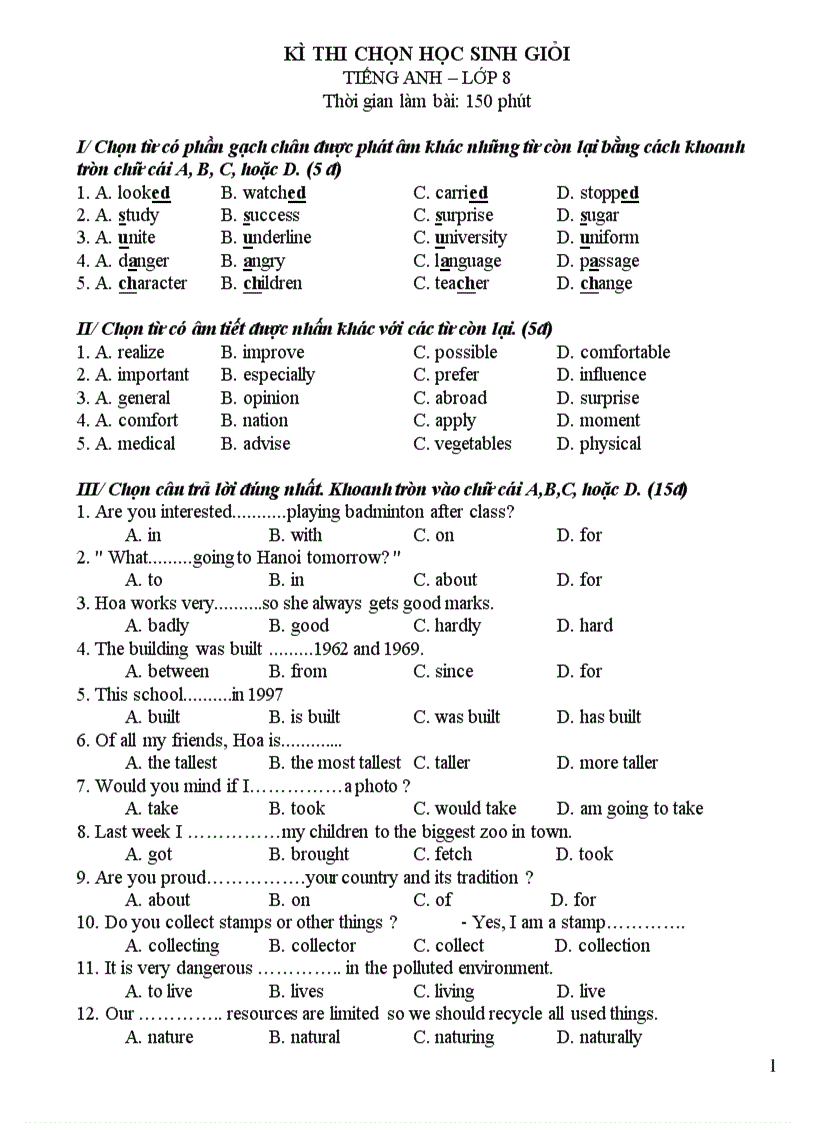 image for page Đề thi thử HSG môn Tiếng Anh lớp 8 Đề số 17