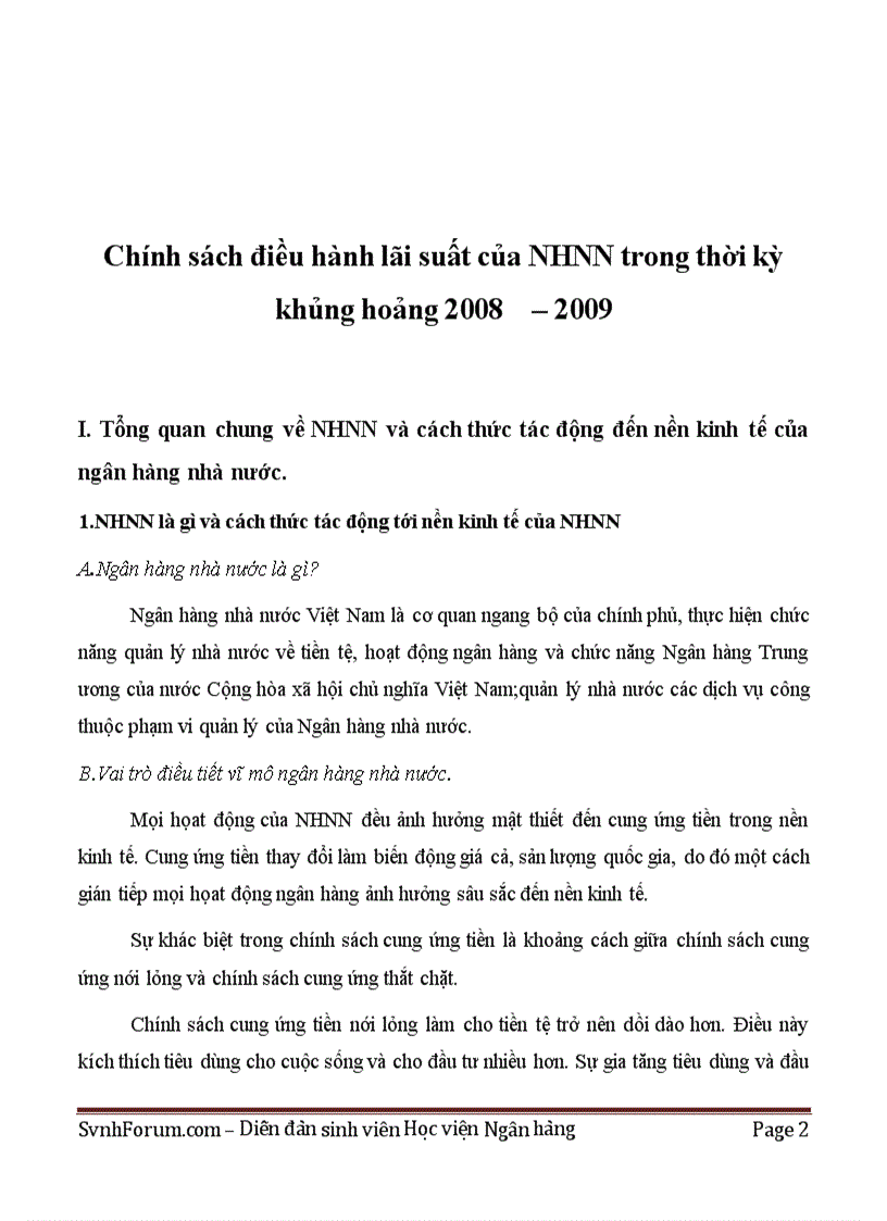Chính sách điều hành lãi suất của NHNN trong thời kỳ khủng hoảng 2008 2009