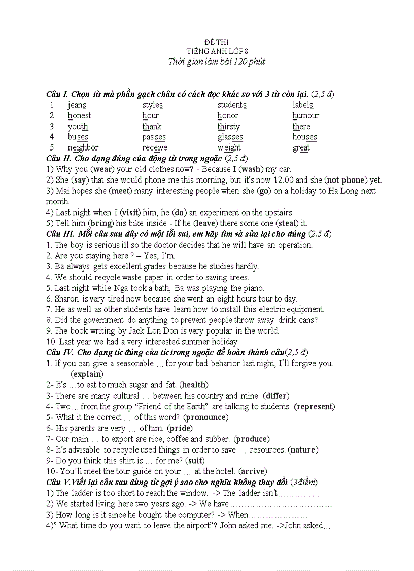 image for page Đề thi thử HSG Tiếng Anh 8 Đề 21