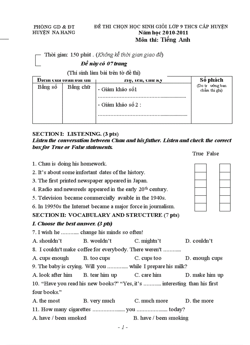 image for page Đề thi học sinh giỏi tiếng anh lớp 9 cấp huyện 2010 2011