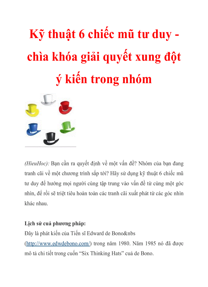 6 chiếc mũ tư duy là gì Ví dụ cụ thể ứng dụng 6 chiếc mũ tư duy