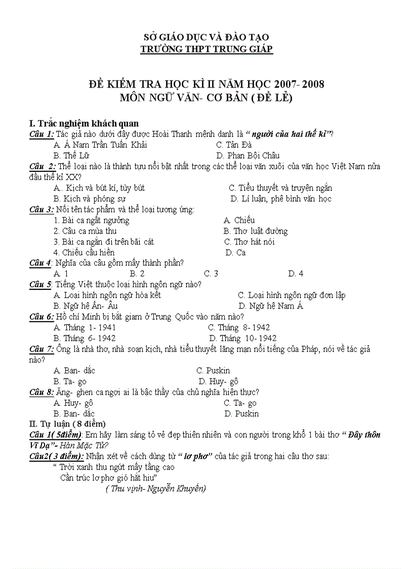 image for page Một số đề kiểm tra Ngữ văn lớp 11 học kỳ II