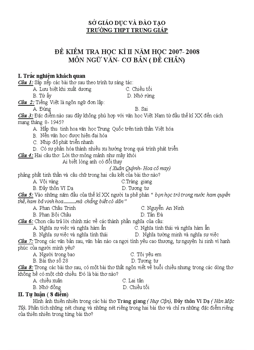 image for page Một số đề kiểm tra Ngữ văn lớp 11 học kỳ II