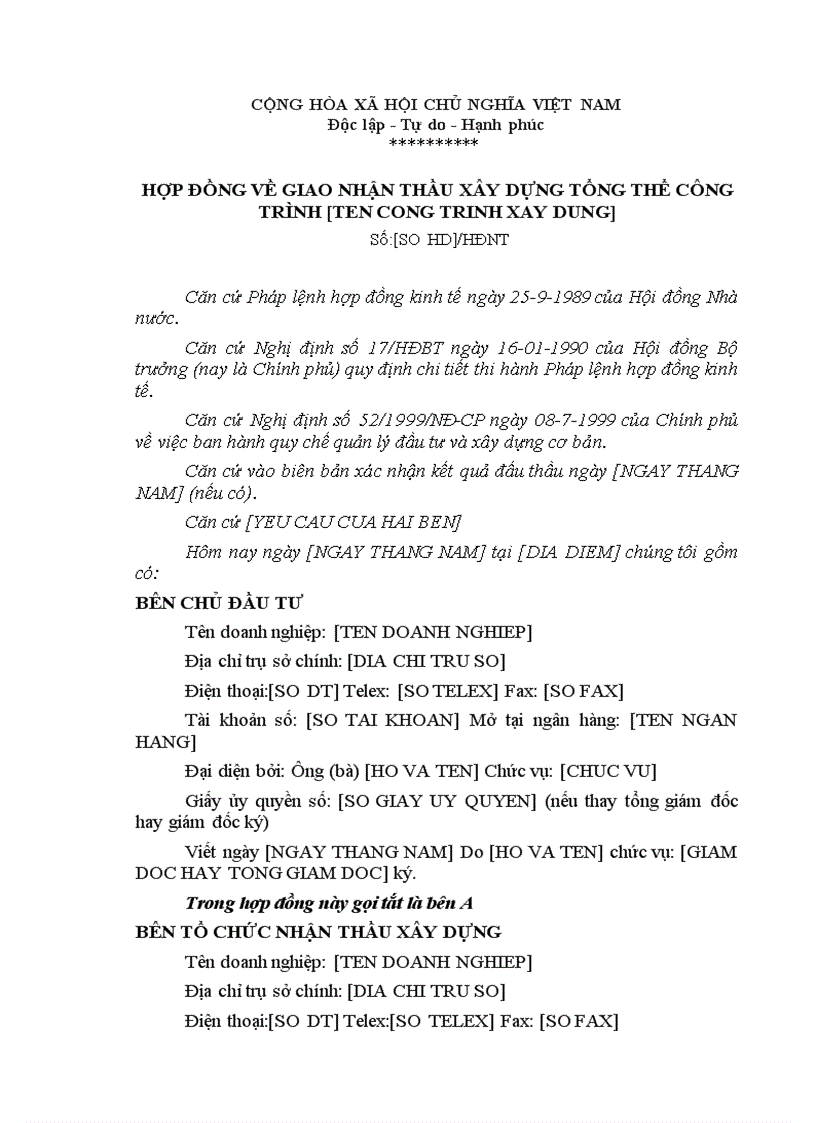 image for page Hợp đồng nguyên tắc về tổng thầu xây dựng công trình