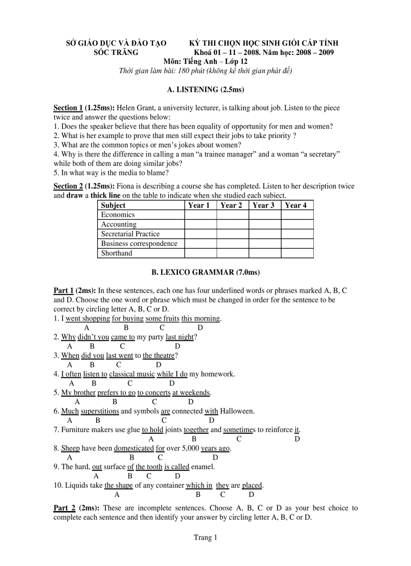 image for page Đề thi HSG Tiếng Anh 12 tỉnh Sóc Trăng năm học 2008 2009
