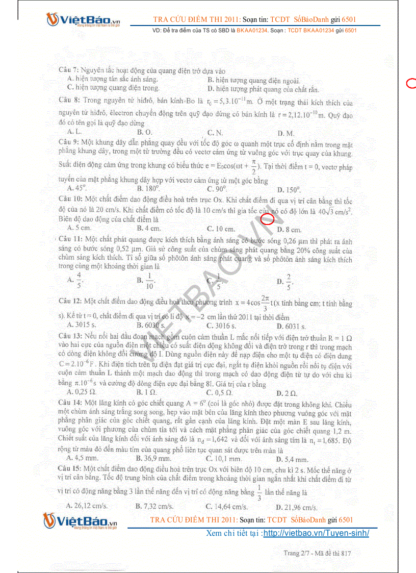 image for page Đề thi tuyển sinh Đại học môn Vật lý năm 2011