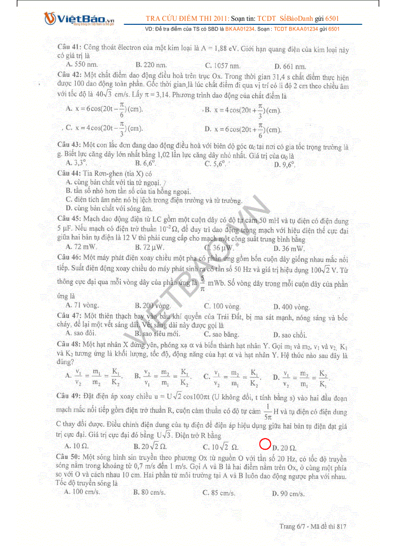 Đề thi tuyển sinh Đại học môn Vật lý năm 2011