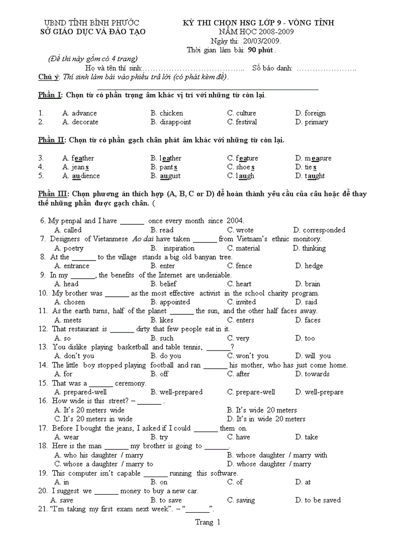 image for page Đề thi HSG Tiếng Anh cấp tỉnh Bình Phước
