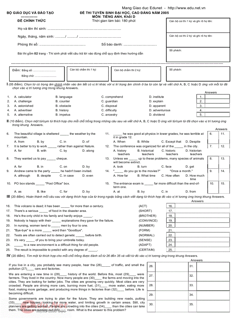 image for page Đề thi tuyển sinh đại học năm 2005 Môn Tiếng Anh