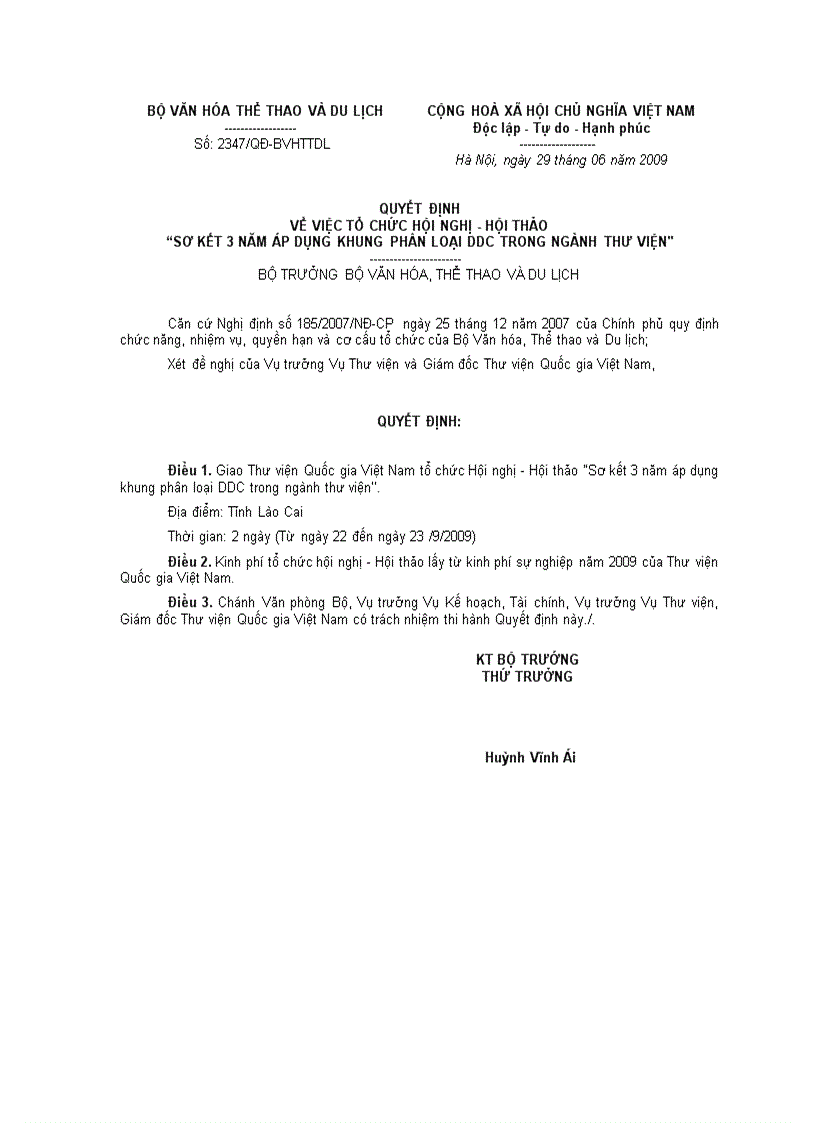 image for page Quyết định 2347 QĐ BVHTTDL của Bộ Văn hóa Thể thao và Du lịch