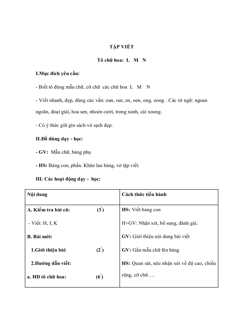 image for page Giáo án Tiếng Việt lớp 1 TẬP VIẾT Tô chữ hoa L M N