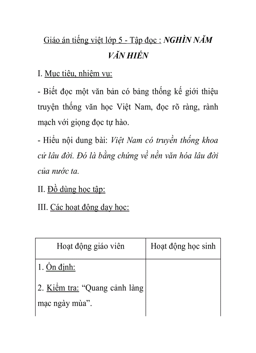 image for page Giáo án tiếng việt lớp 5 Tập đọc NGHÌN NĂM VĂN HIẾN