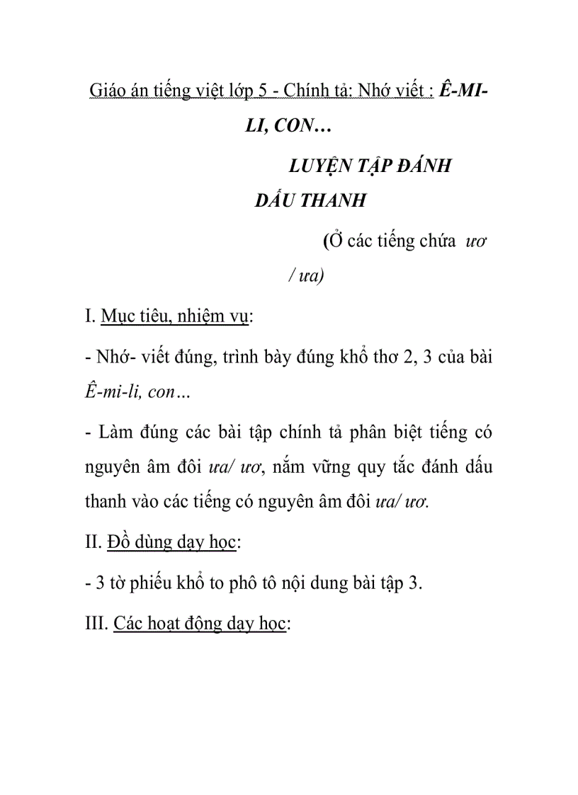 image for page Giáo án tiếng việt lớp 5 Chính tả Nhớ viết Ê MILI CON LUYỆN TẬP ĐÁNH DẤU THANH Ở các tiếng chứa ươ ưa