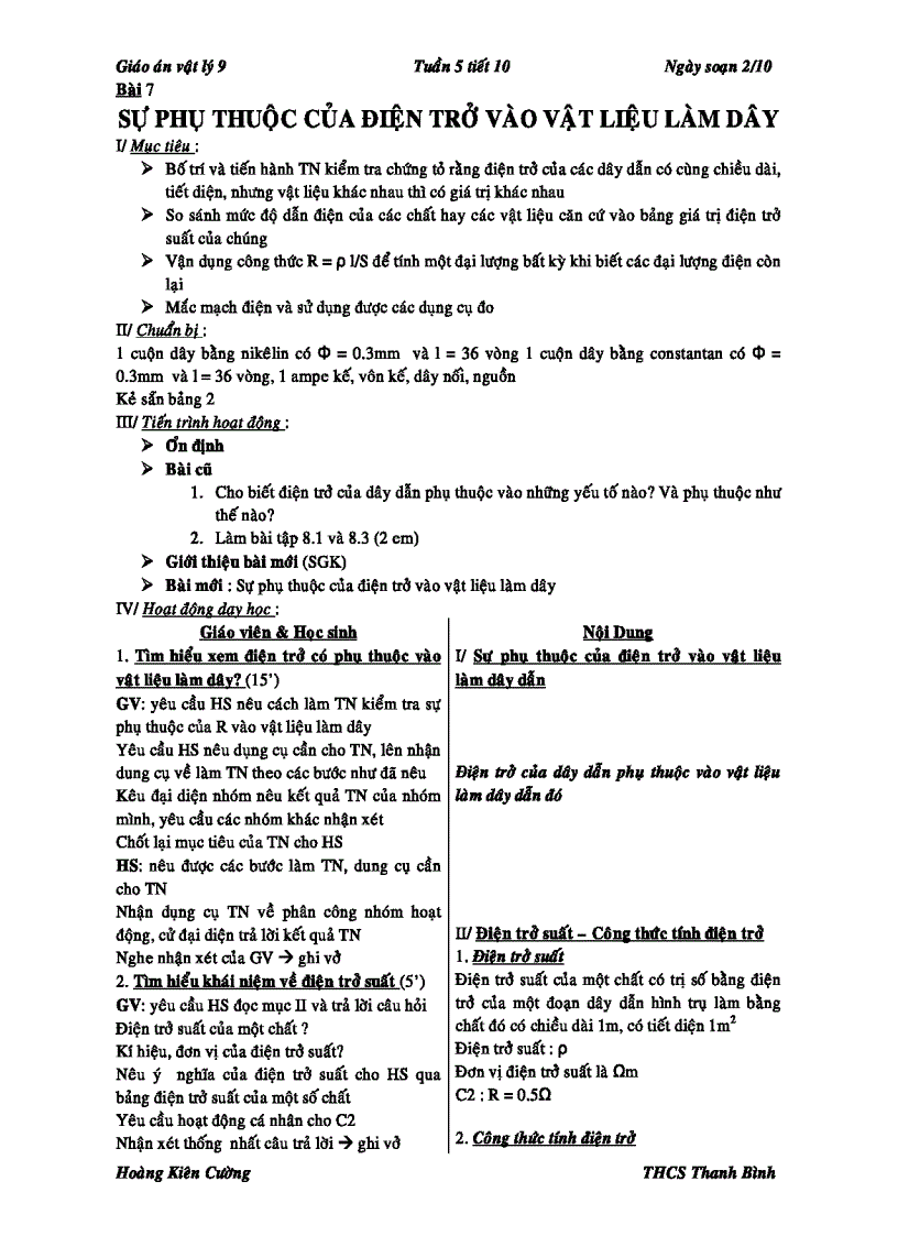 image for page Bài Giảng Sự phụ thuộc của R vào vật liệu làm dây dẫn