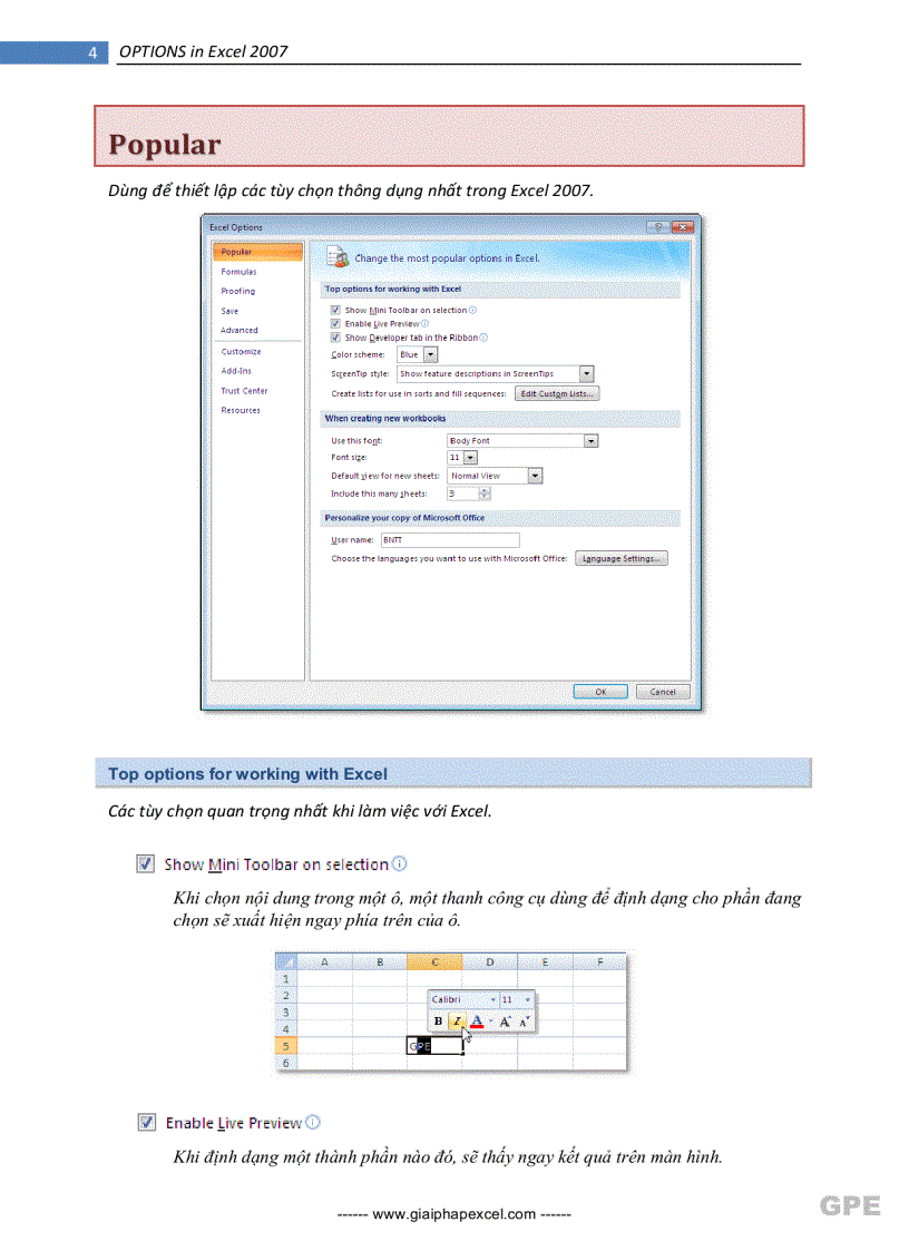 image for page Hướng dẫn sử dụng Options của Excel 2007