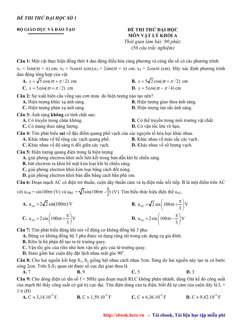 image for page Đề thi thử đại học môn vật lý đề số 1