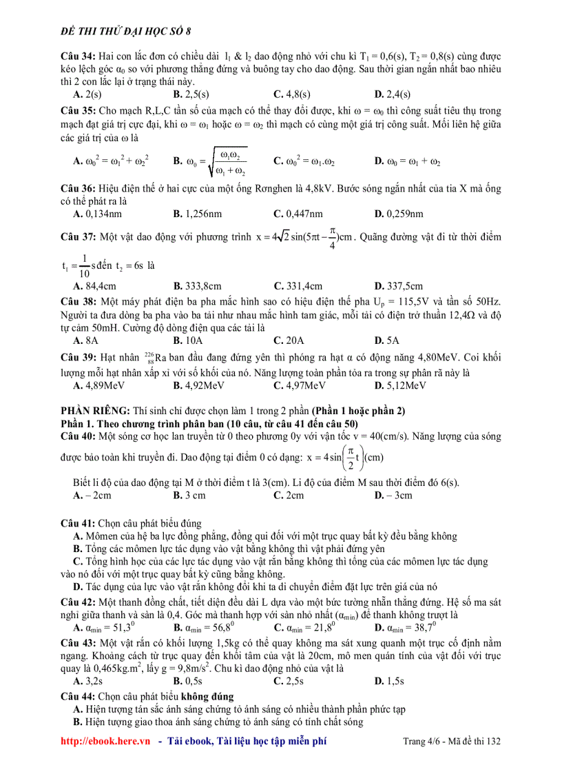 Đề thi thử đại học môn vật lý đề số 8