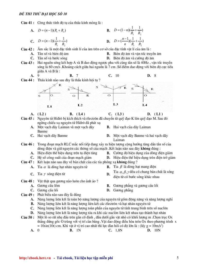Đề thi thử đại học môn vật lý đề số 10