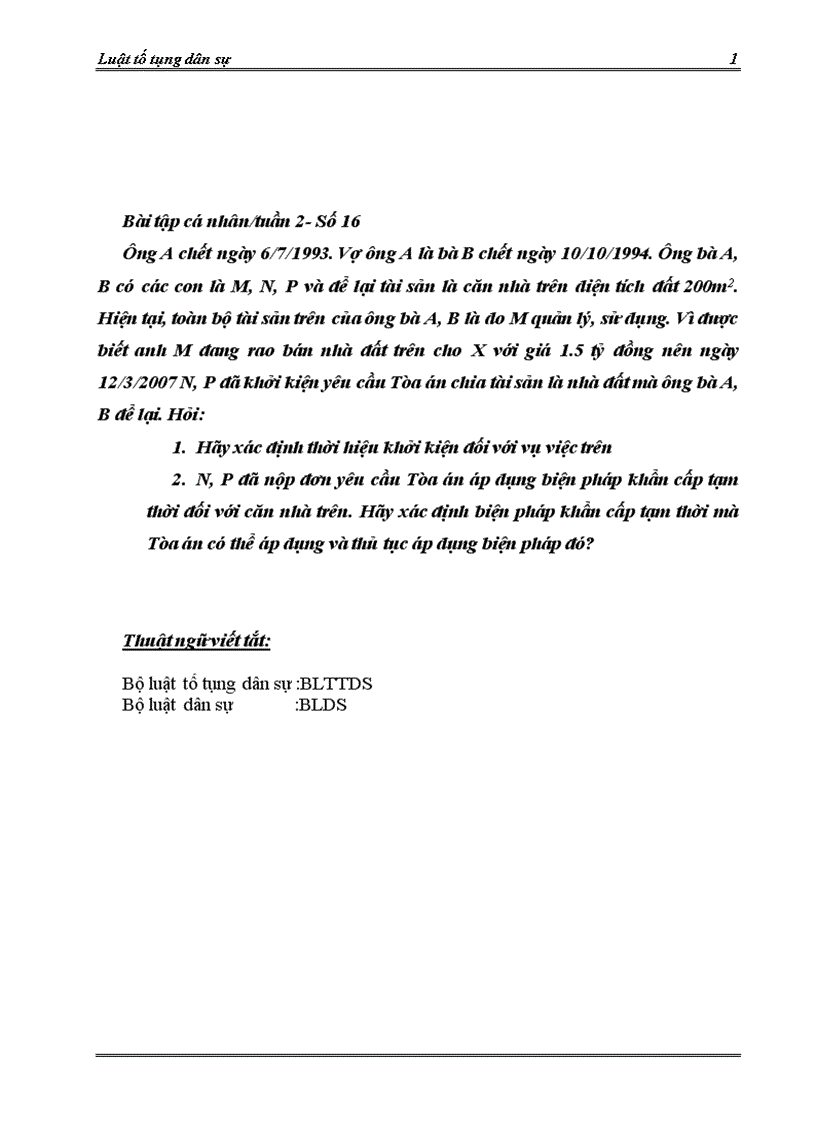 image for page Giải quyết tình huống tố tụng dân sự Bài tập cá nhân tuần 2 Đề số 16