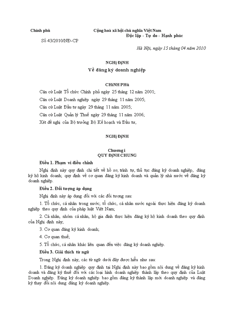 image for page Nghị định số 43 2010 NĐ CP của Chính phủ về Đăng ký doanh nghiệp