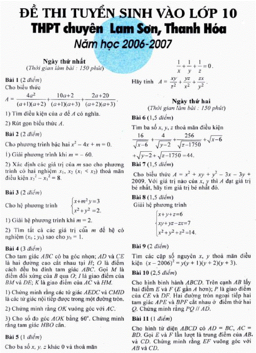Tuyển sinh vào Chuyên Lam Sơn Môn Toán 06 07