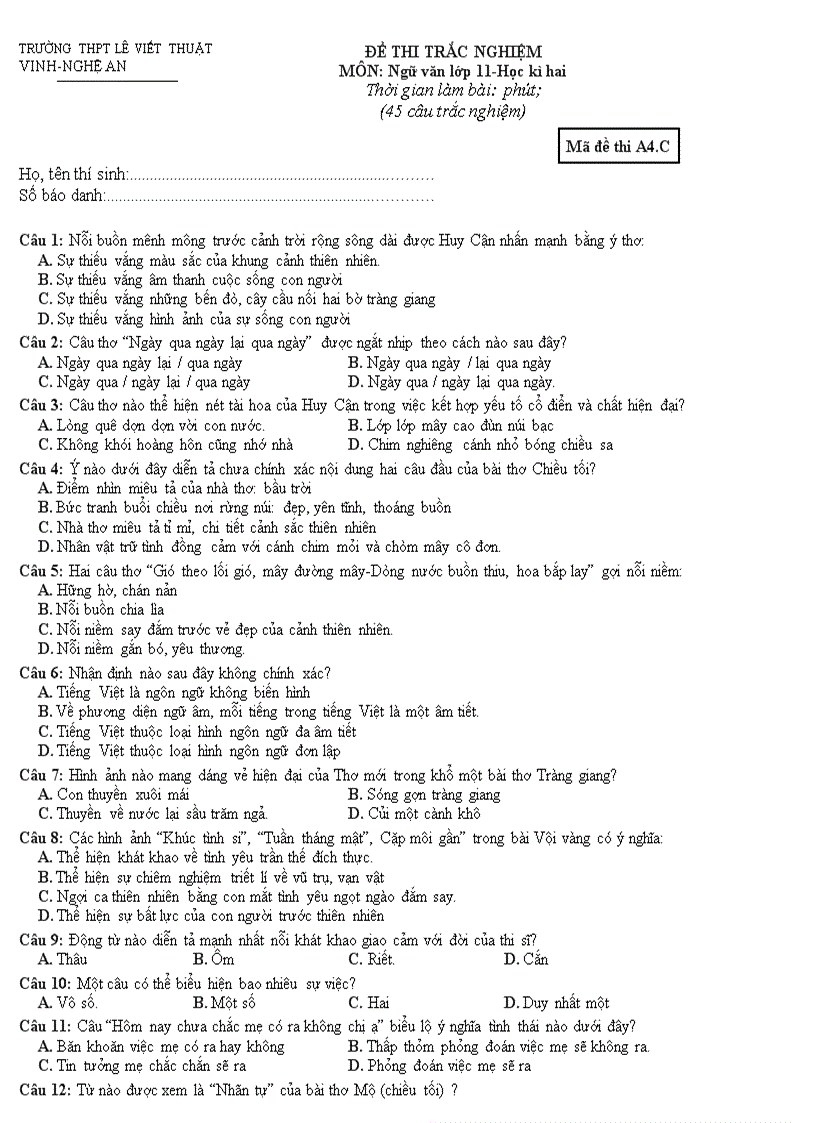 image for page Đề kiểm tra trắc nghiệm Ngữ văn 11 HK II