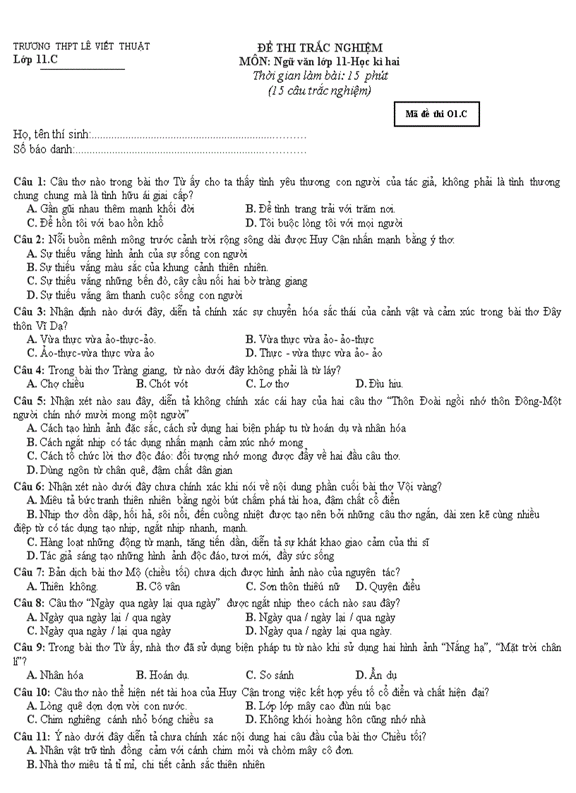 image for page Đề kiểm tra trắc nghiệm Ngữ văn 11 HK II