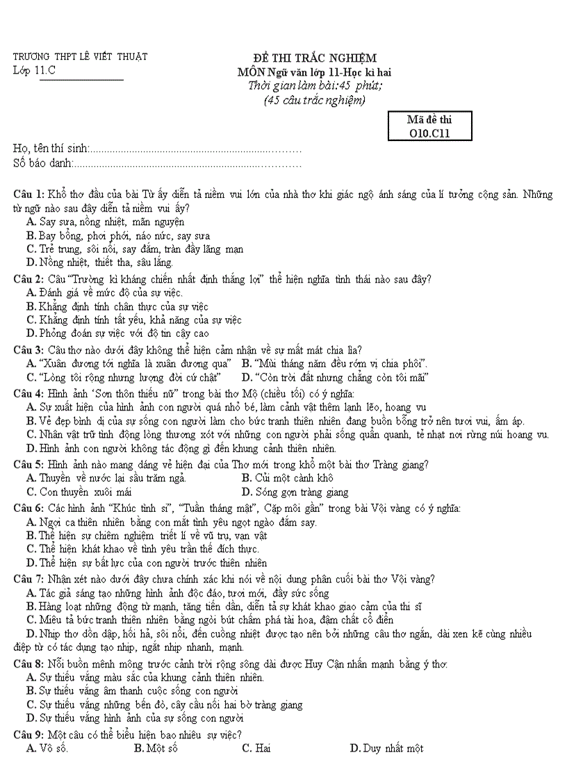 image for page Đề kiểm tra trắc nghiệm Ngữ văn 11 HK II