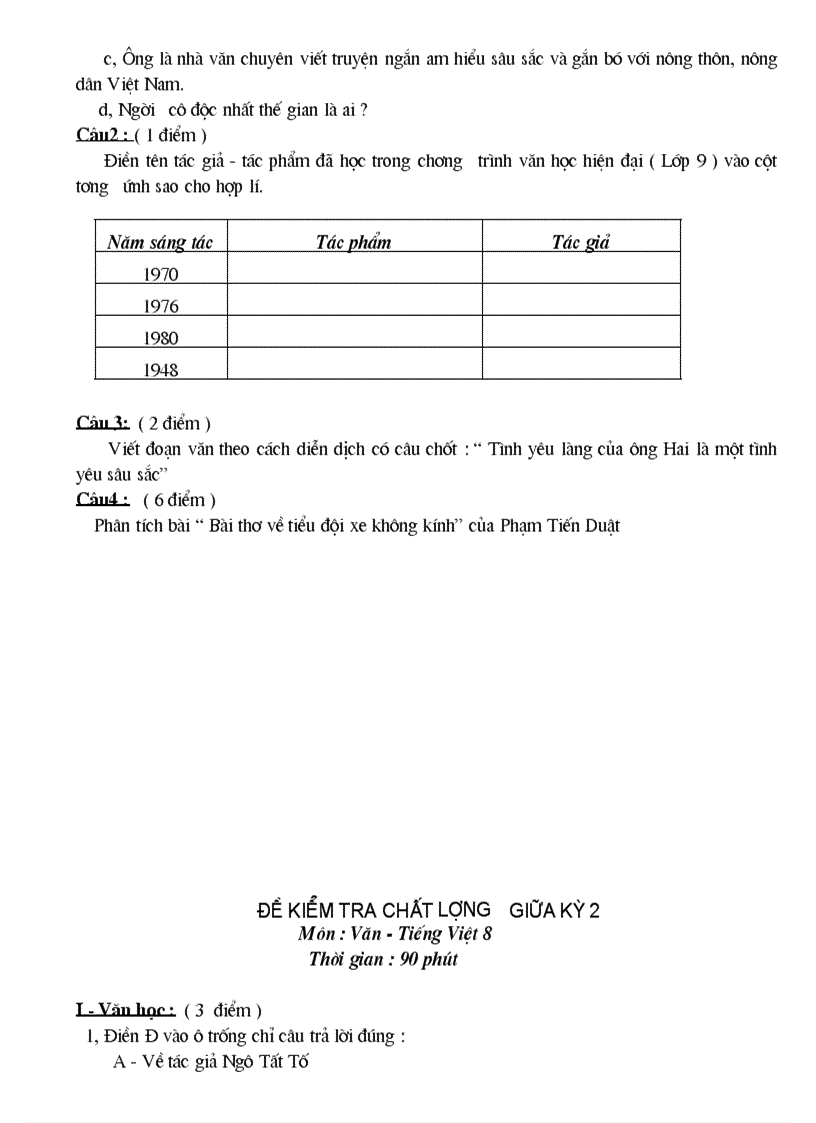 image for page Đề kiểm tra Ngữ văn lớp 7 HK II