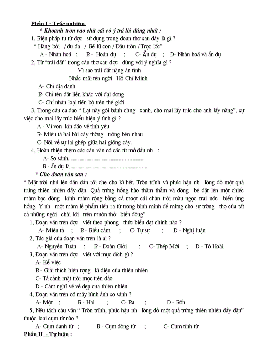 image for page Đề kiểm tra Ngữ văn lớp 7 HK II