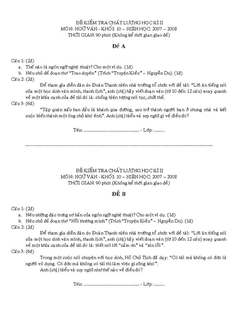 image for page Đề kiểm tra môn Ngữ văn 10 HKII