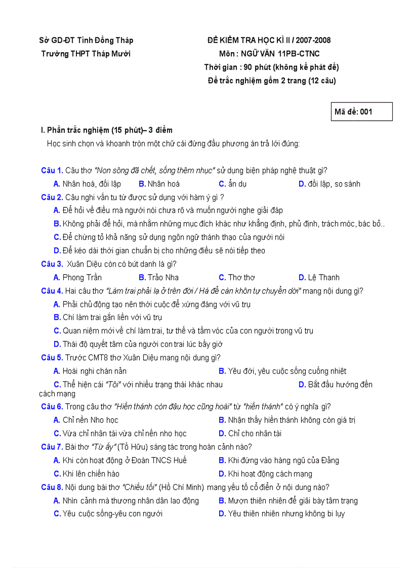 image for page Đề kiểm tra Ngữ Văn 11 HKII 1