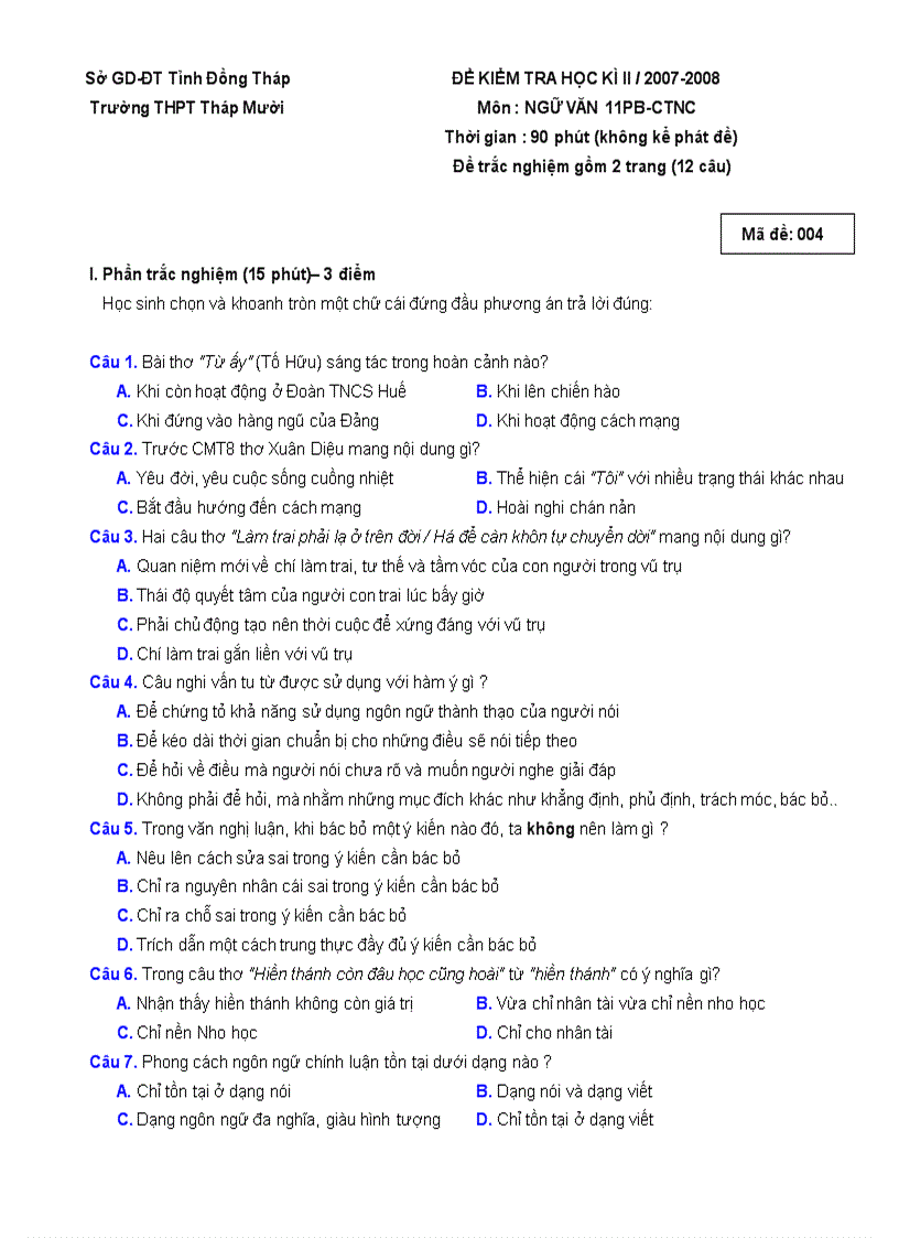 image for page Đề kiểm tra Ngữ Văn 11 HKII 1